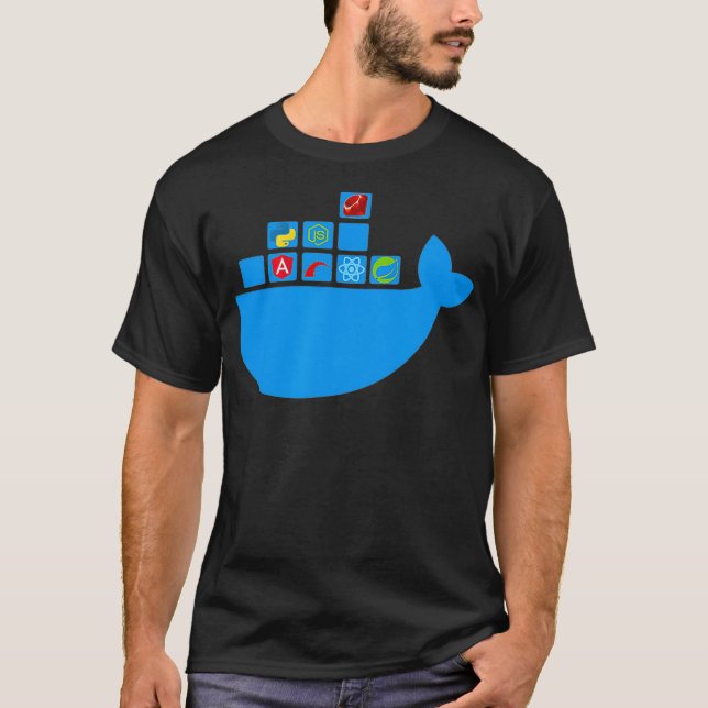 T-shirt Docker React Node Js Ruby Rail Python Hackathon Te (Devant)