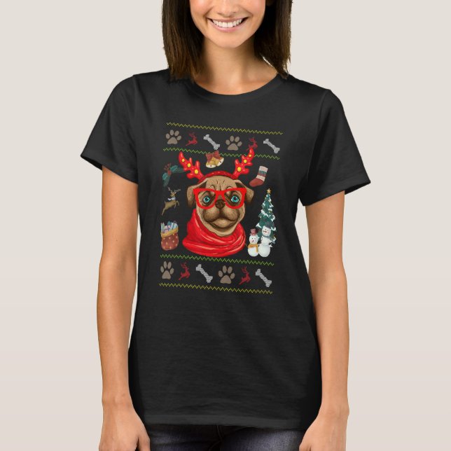 T-shirt Dog  Cute Pug Reindeer Antlers Ugly Christmas (Devant)