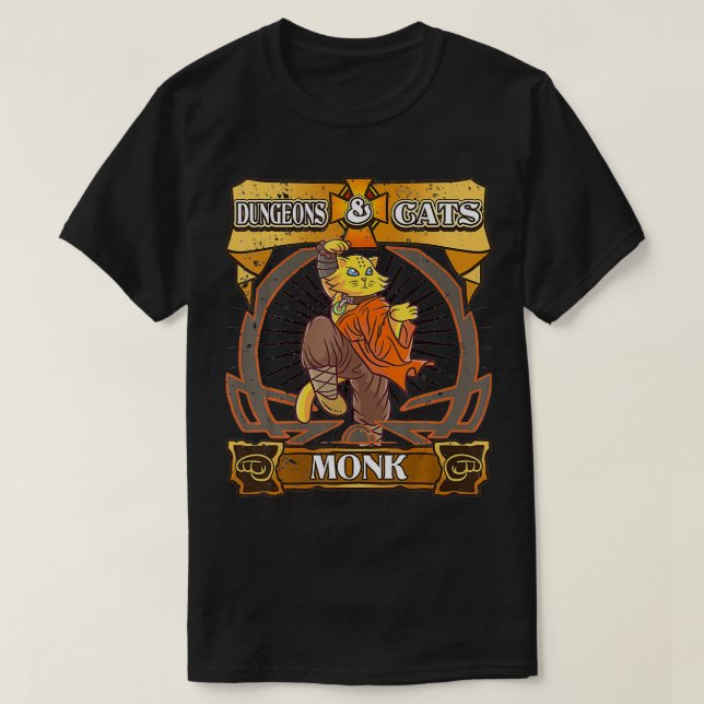 T-shirt Donjons et chats Monk Kitten Dinde de chat RPG Ner (Design devant)
