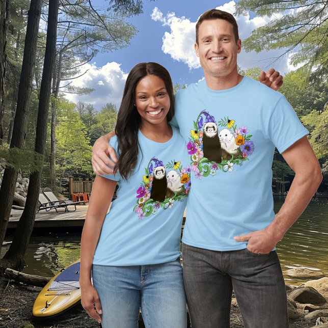 T-shirt Douce Paire de Furets Floraux Bleus Fantaisistes  (Créateur téléchargé)