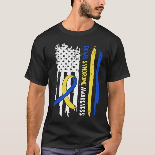 T-shirt Down Syndrome USA Flag Blue Yellow Ribbon (Devant)