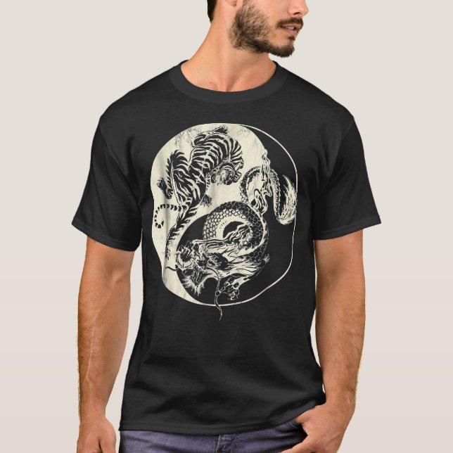 T-shirt Dragon Avec Tigre Tattoo YIN Et Yang Beast Combat (Devant)