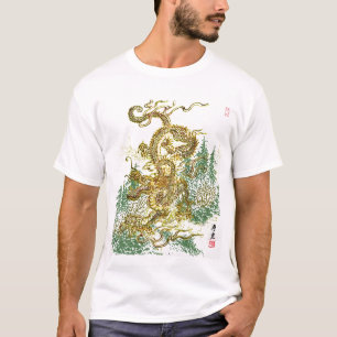 T-shirt Dragon chinois au-dessus de forêt japonaise