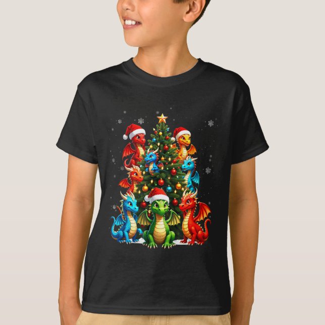T-shirt Dragon Christmas Tree Squad Santa Hat Fantasy Myth (Devant)