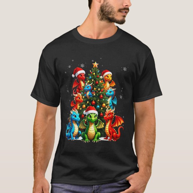 T-shirt Dragon Christmas Tree Squad Santa Hat Fantasy Myth (Devant)