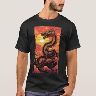 T-shirt "Dragon d'or au lever du soleil - Élégance Vaporwa