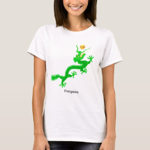 T-shirt Dragon vert volant avec boule dorée & calligraphie