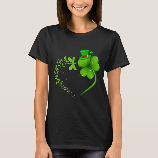 T-shirt Dragonfly Irish Shamrock Heart Happy St Patrick's  (Devant)