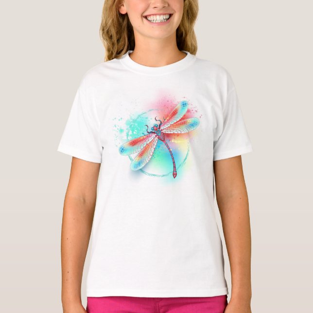 T-shirt Dragonfly rouge sur l'arrière - plan aquarelle (Devant)