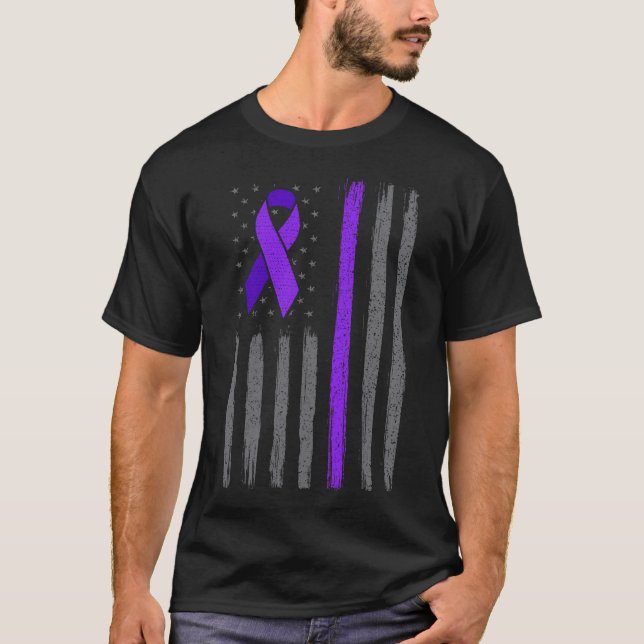 T-shirt Drapeau américain à ruban violet cancer du pancréa (Devant)
