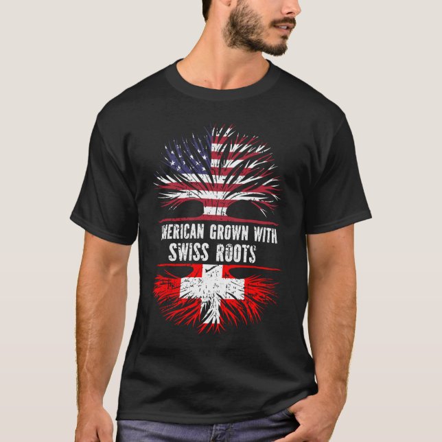 T-shirt Drapeau américain avec racines suisses USA (Devant)
