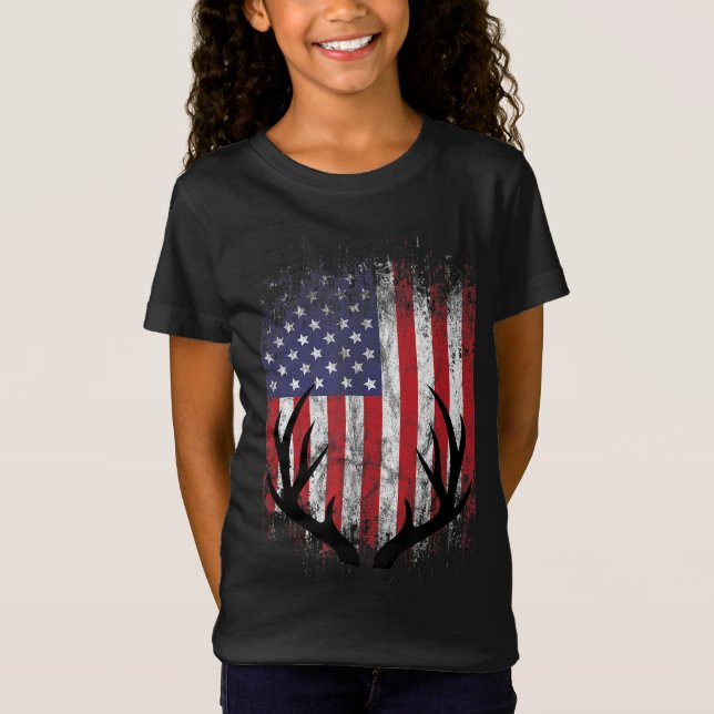 T-Shirt Drapeau américain Chasse aux cerfs Buck Antlers (Devant)