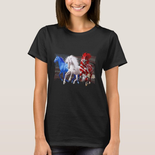 T-shirt Drapeau américain Chevaux Patriotique Rouge Blanc  (Devant)