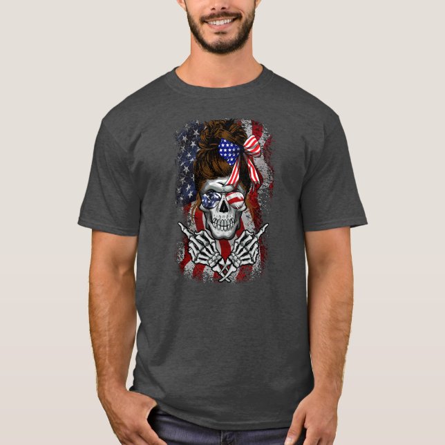T-shirt Drapeau américain - Crâne du doigt moyen 4 juillet (Devant)