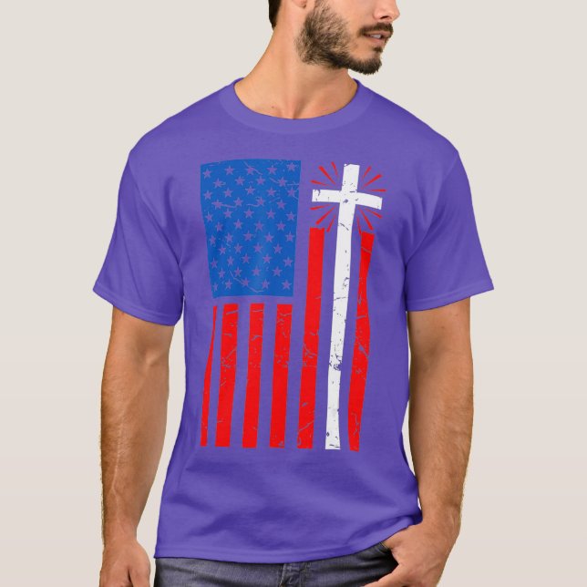 T-shirt Drapeau américain Croix chrétienne Jésus (Devant)