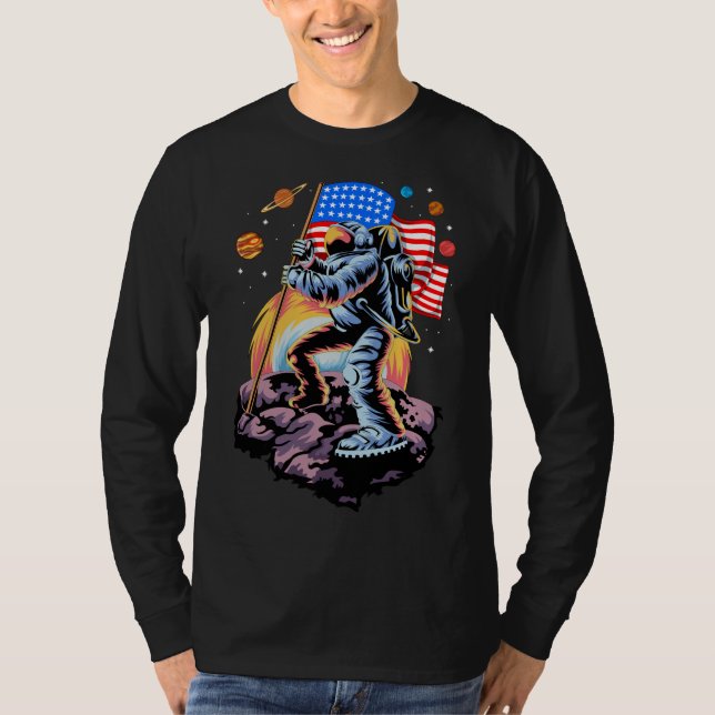 T-shirt drapeau américain de l'astronaute sur la lune (Devant)