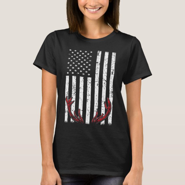 T-shirt Drapeau américain Deer Antlers Chasse Pêche (Devant)