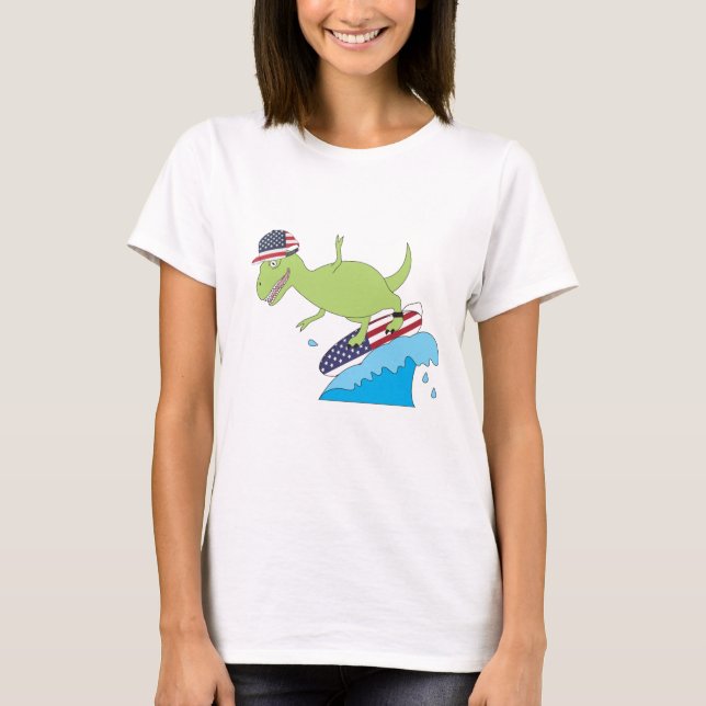 T-shirt Drapeau américain Dinosaur Surfing (Devant)