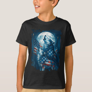 T-shirt Drapeau américain du 4 juillet Loup Hurlement Lune