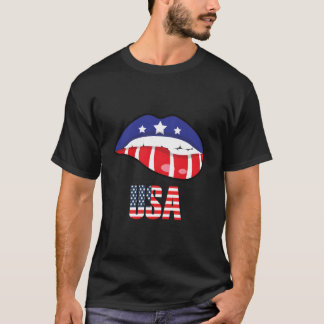 T-shirt Drapeau Américain Mordant La Lèvre Usa 4 Juillet I