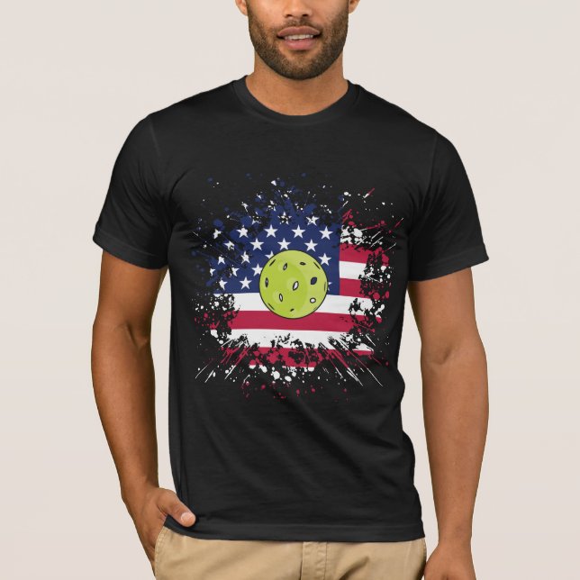 T-shirt Drapeau américain Pickleball Racket Paddle Ball (Devant)