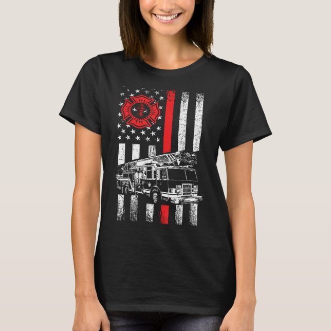 T-shirt Drapeau américain pompier Mince ligne rouge carte  (Devant)