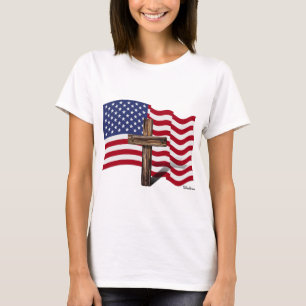 T-shirt Drapeau américain qui flotte et croix robuste