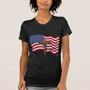 T-shirt Drapeau américain qui flotte et croix robuste