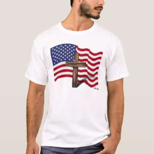 T-shirt Drapeau américain qui flotte et croix robuste