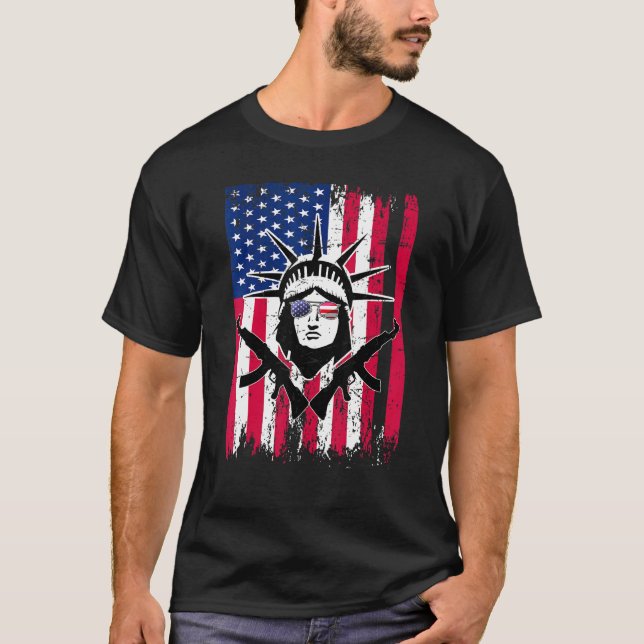 T-shirt Drapeau Américain Statue De Liberté Lunettes De So (Devant)