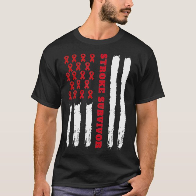T-shirt Drapeau américain survivant Stroke Red Ribbon  (Devant)