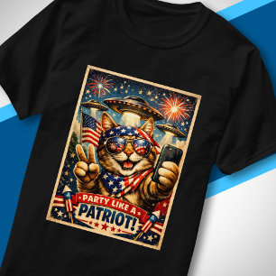T-shirt Drapeau américain UFO fête comme un chat patriotiq