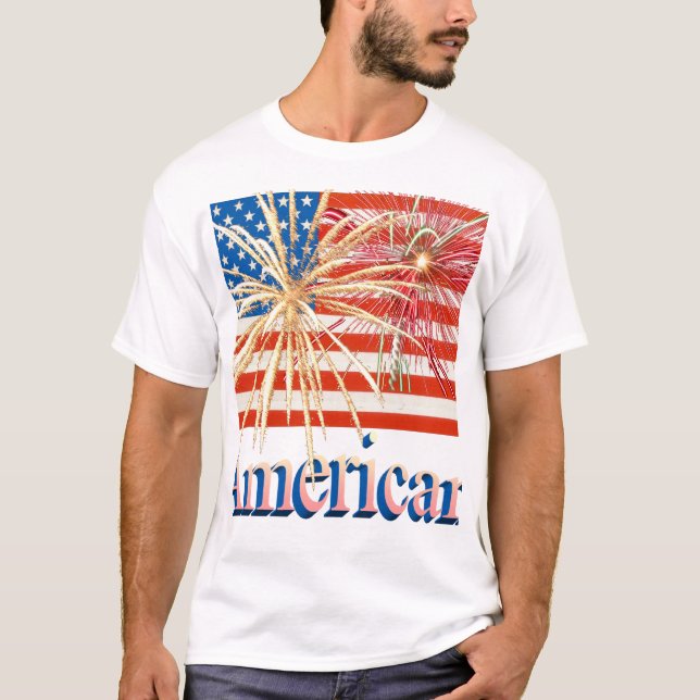 T-shirt Drapeau des USA avec des feux d'artifice (Devant)