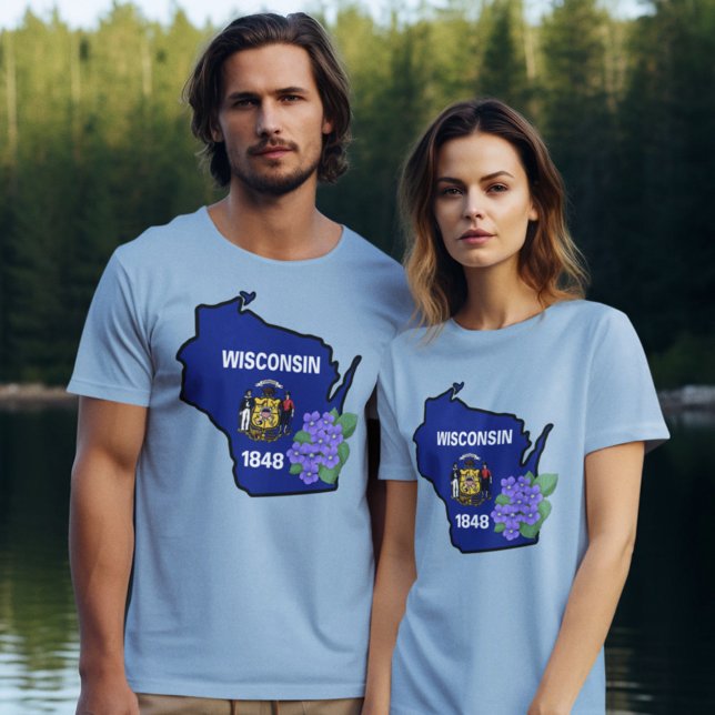 T-shirt Drapeau d'état du Wisconsin et fleur bleu commun V (Créateur téléchargé)