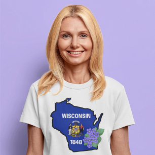 T-shirt Drapeau d'état du Wisconsin et fleur bleu commun V