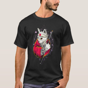T-shirt Drapeau du Japon Occulte Païen Chat Samouraï Goth