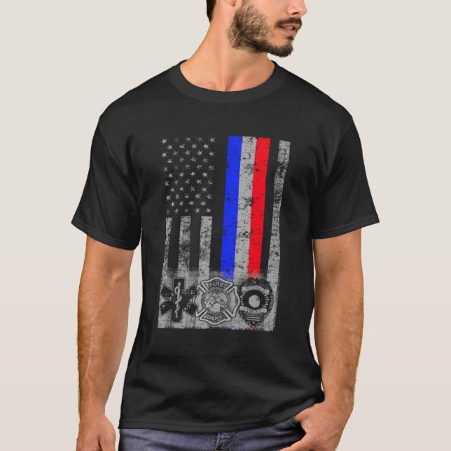T-shirt Drapeau du premier répondeur de la police d'incend (Devant)