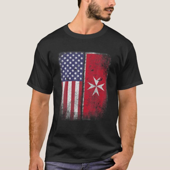T-shirt Drapeau Maltais Américain Malte Croix Américaine A (Devant)