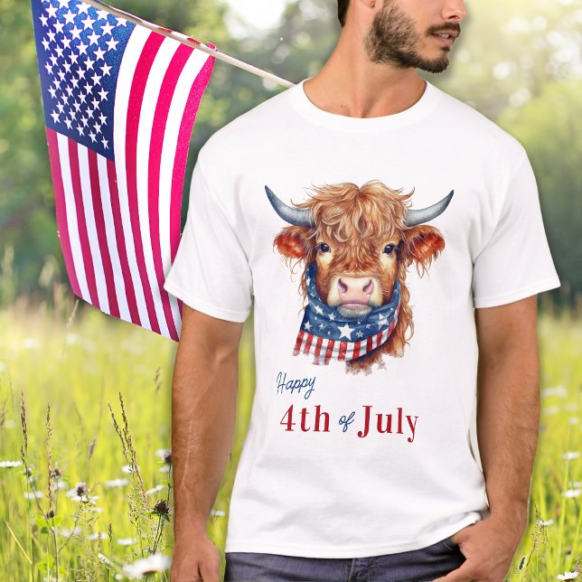 T-shirt Drapeau Patriotic Highland Cow USA Joyeux 4 juille (Créateur téléchargé)