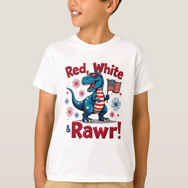 T-shirt Drapeau rouge blanc et rawr mignon Dinosaur USA (Devant)