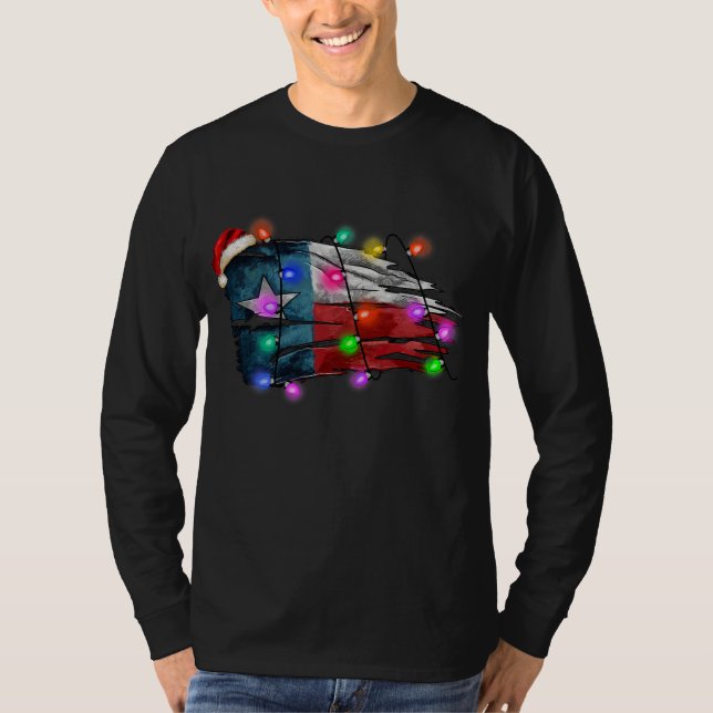 T-shirt Drapeau Texas Joyeux Noël Lumières Noël Américains (Devant)