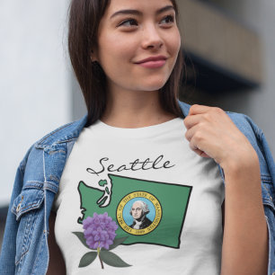 T-shirt Drapeau Washington et Fleur Rhododendron Pacifique