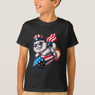 T-shirt Drôle 4 juillet Patriotic Cat Rocket avec Firewo