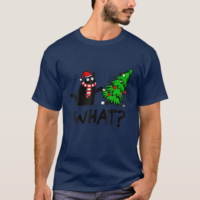T-shirt Drôle cadeau de chat noir Poussant l'arbre de Noël (Devant)