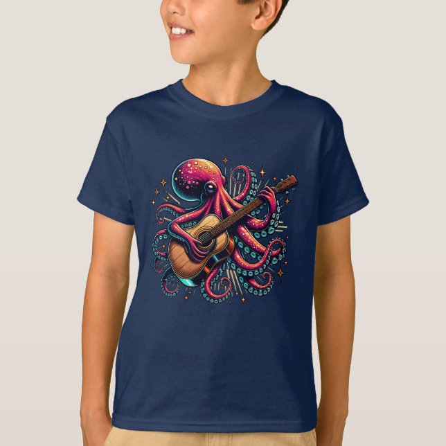 T-shirt Drôle Cartoon Octopus Jouer de la guitare (Devant)