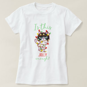T-shirt Drôle chat grincheux enchevêtré lumières de Noël