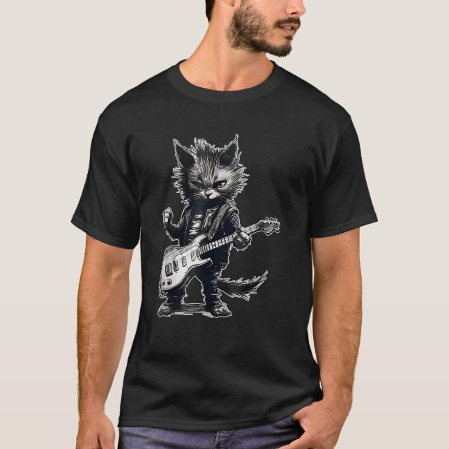 T-shirt Drôle Chat Jouer Guitare Guitare Lover Rocker lour (Devant)