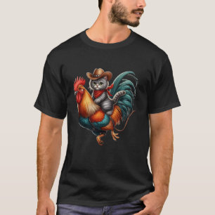 T-shirt Drôle Chat Riding Rooster Cowboy Rodeo Chat Riding