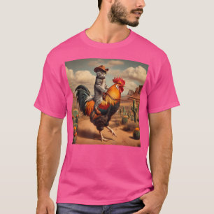 T-shirt Drôle Chat Riding Rooster Cowboy Rodeo Chat Riding