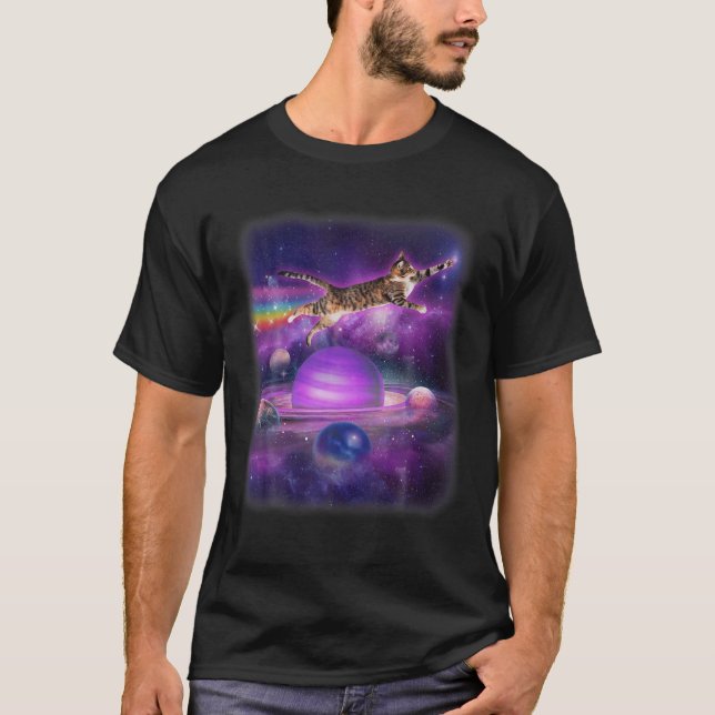T-shirt Drôle Chat Voler Dans L'Espace Rainbow Chat Kitten (Devant)